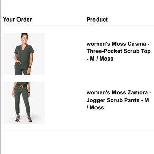 Figs Womens scrub set Moss Casma- 3 Pocket Top- M; Zamora- Jogger Scrub Pants- M